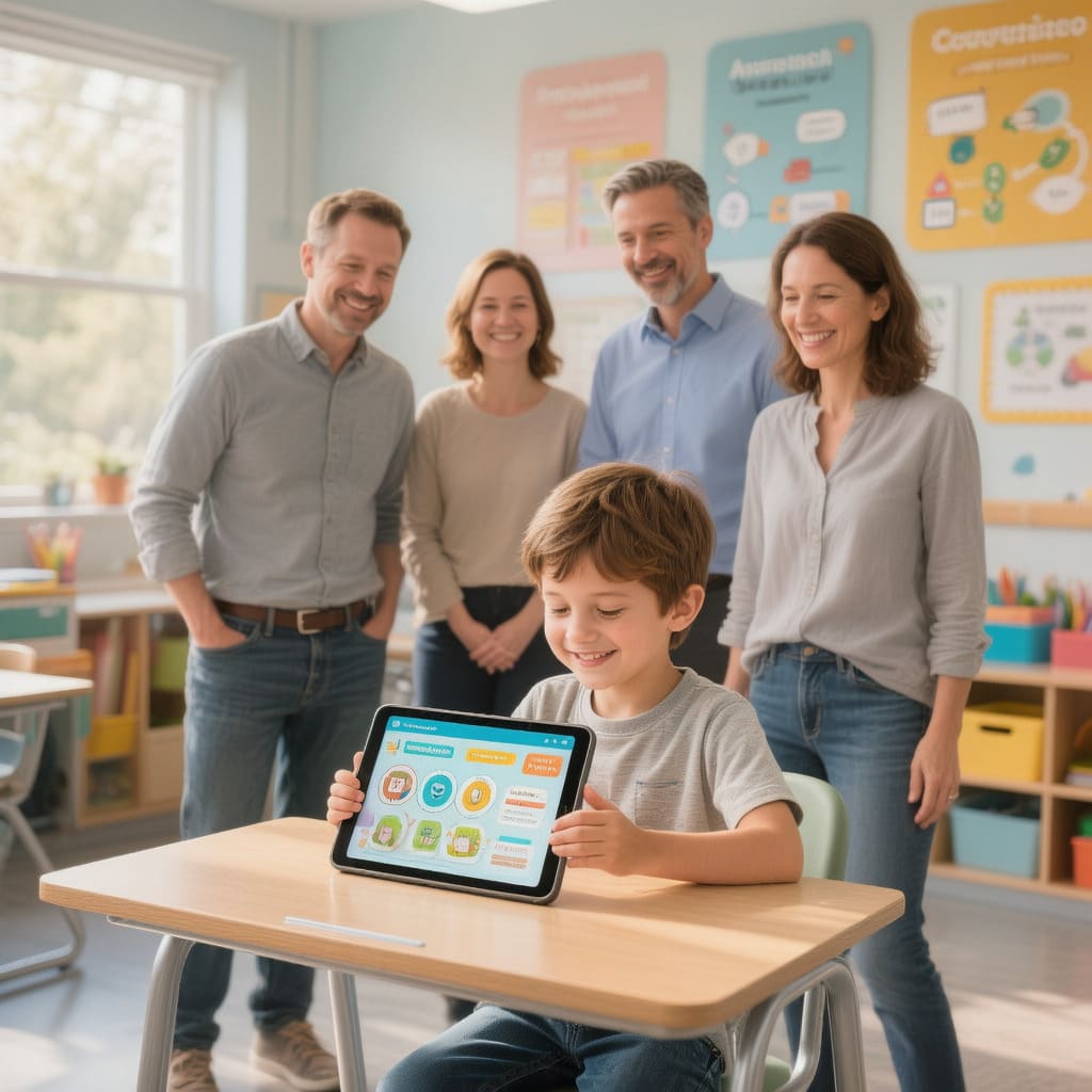Criança com TDAH na escola recebendo apoio de pais e professores